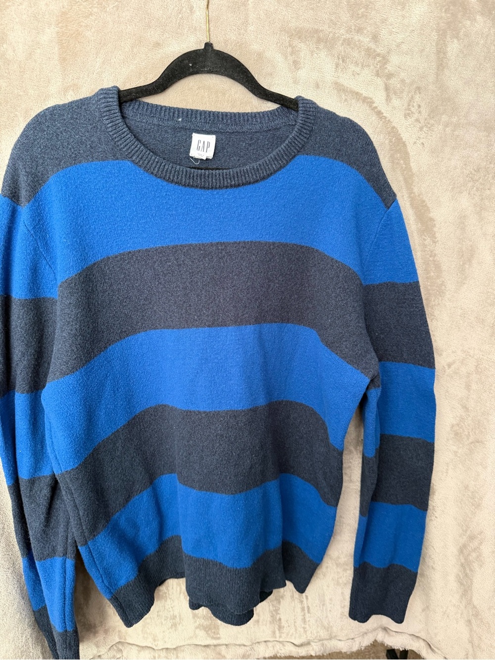 GAP Men’s Royal Blue and Charcoal Striped Crewneck Sweater